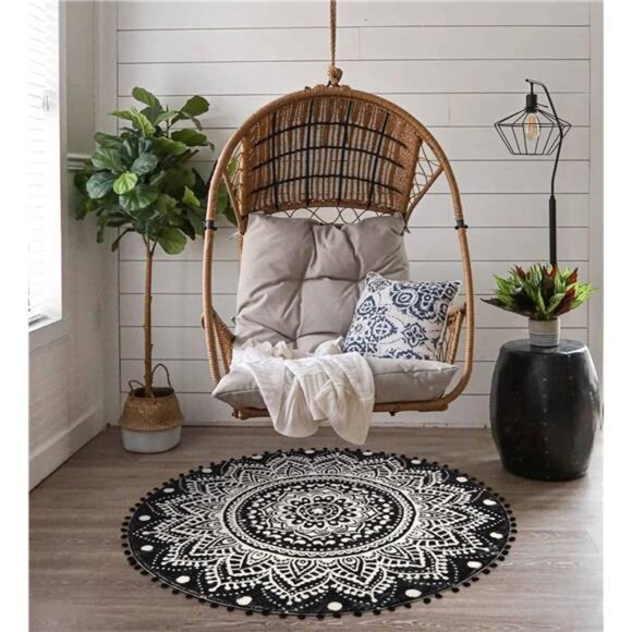 Uphome Boho Round Rug for Living Room 4' Circular Black Mandala Area Rug - Picture 6 of 7